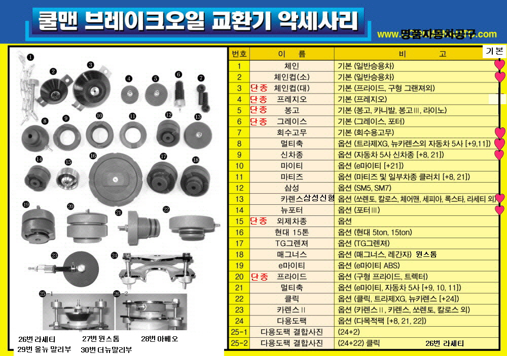 부흥쿨맨 브레이크오일교환기 아답타 #1~#30선택 현대,기아,삼성 자동차용